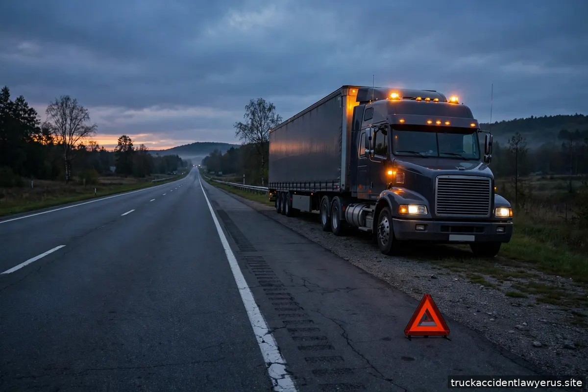 Semi truck with hazard lights flashing on a highway shoulder at dusk
