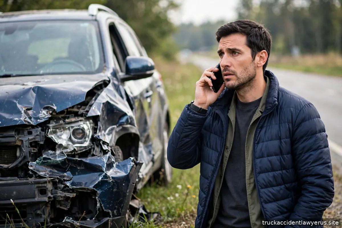 Person calling emergency services on a smartphone beside a damaged car