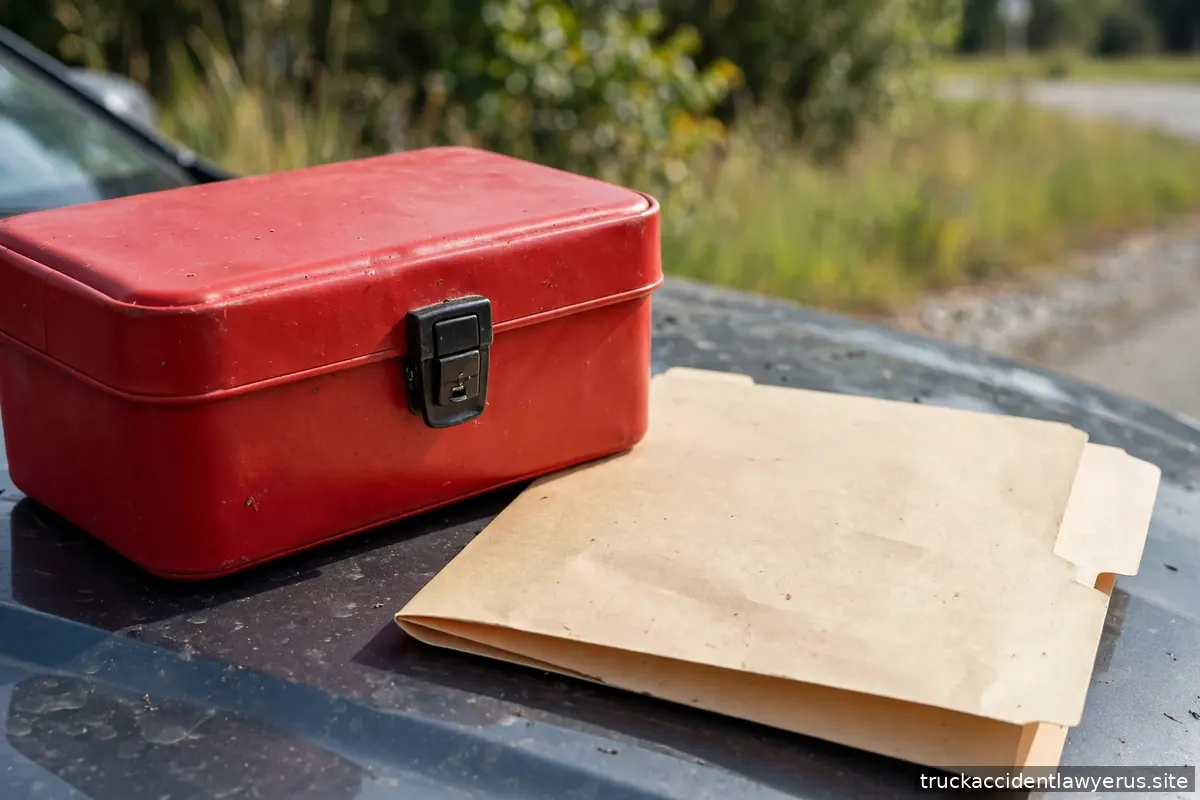 First aid kit and documents folder on a car hood