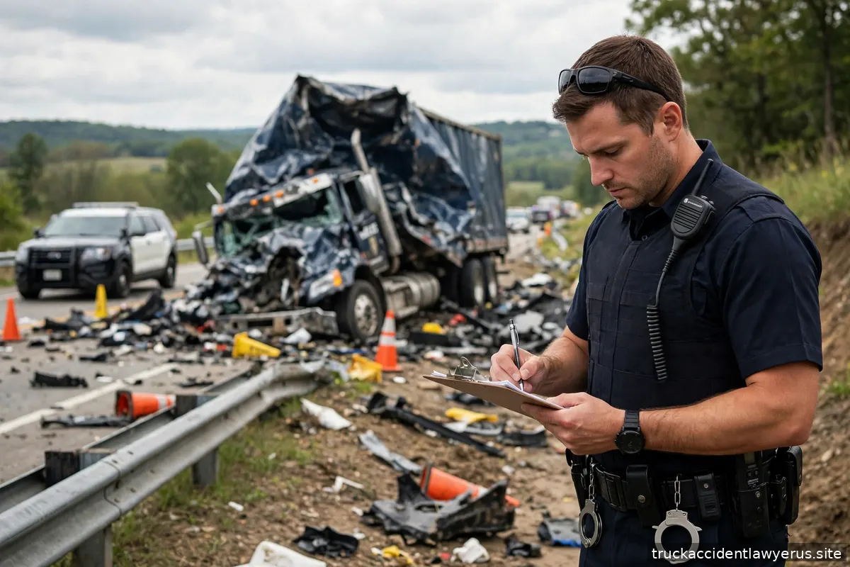 Police officer writing a report at a truck accident scene