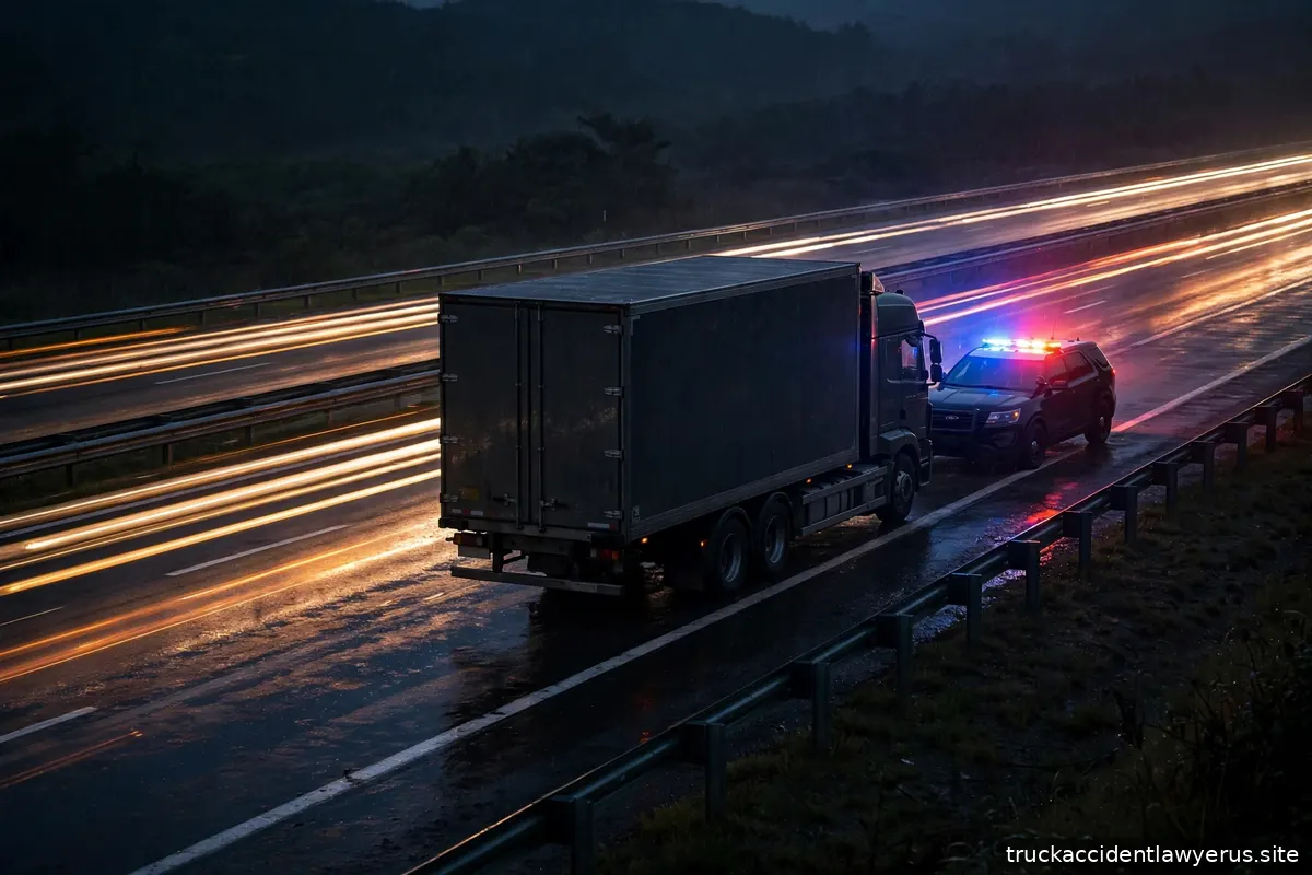 Police cruiser with flashing lights behind a stopped semi truck at night