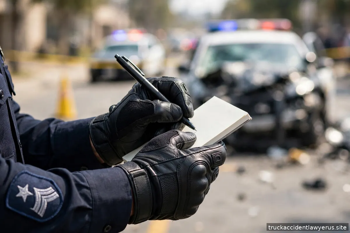 Officer's hand writing notes on a notepad at a crash scene