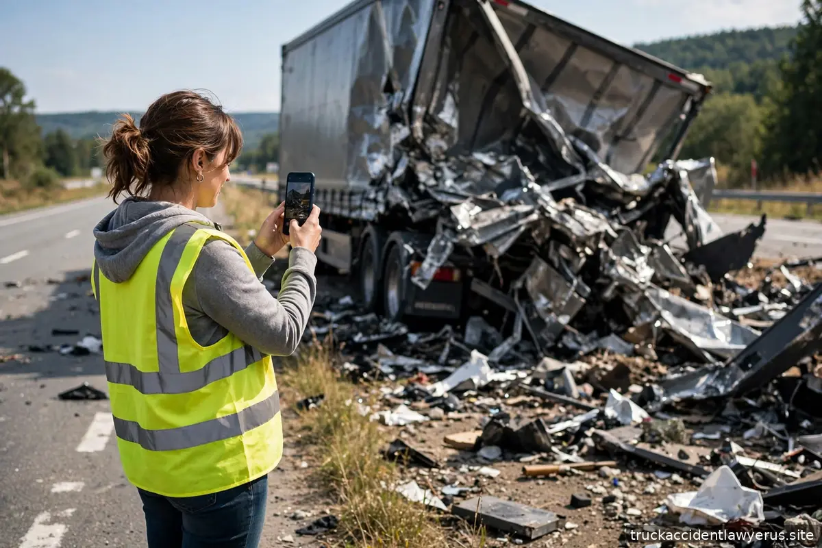 Person photographing a truck accident scene with a smartphone