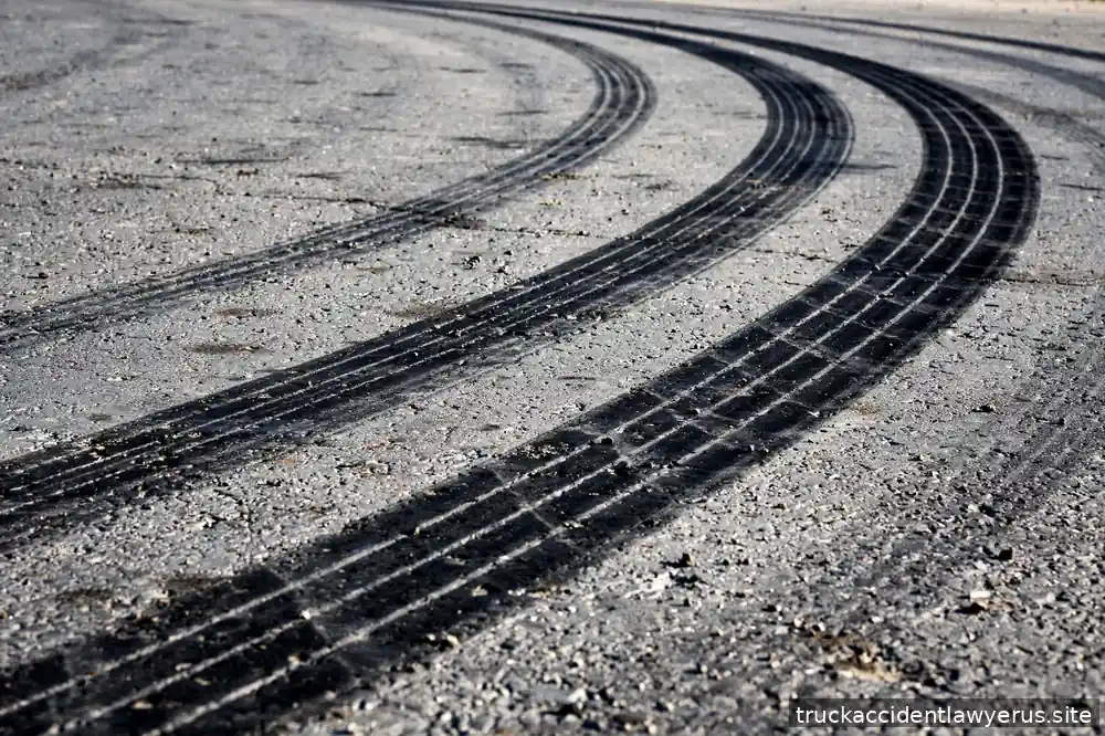 Tire skid marks curving across highway asphalt