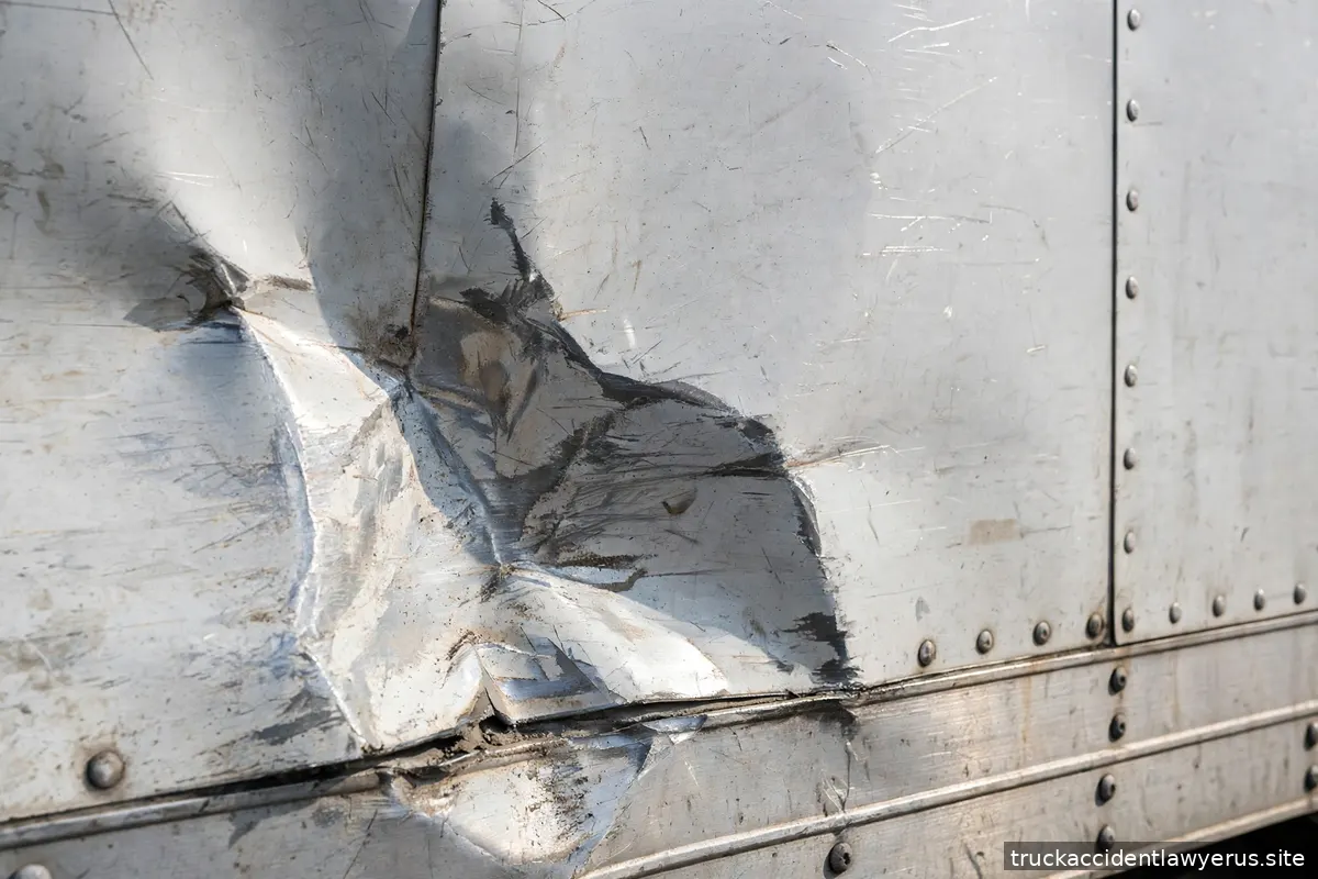Close-up of collision damage on a semi truck trailer