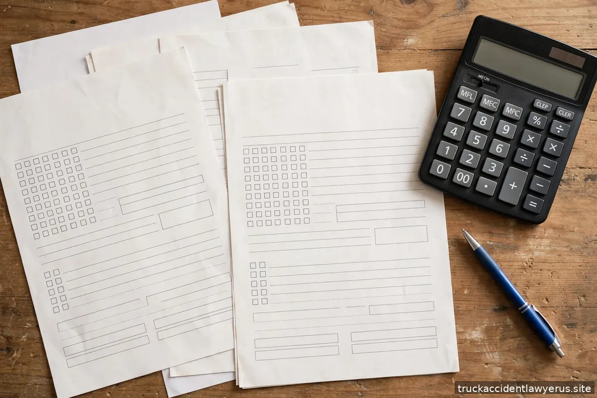 Insurance claim documents, calculator and pen on a desk