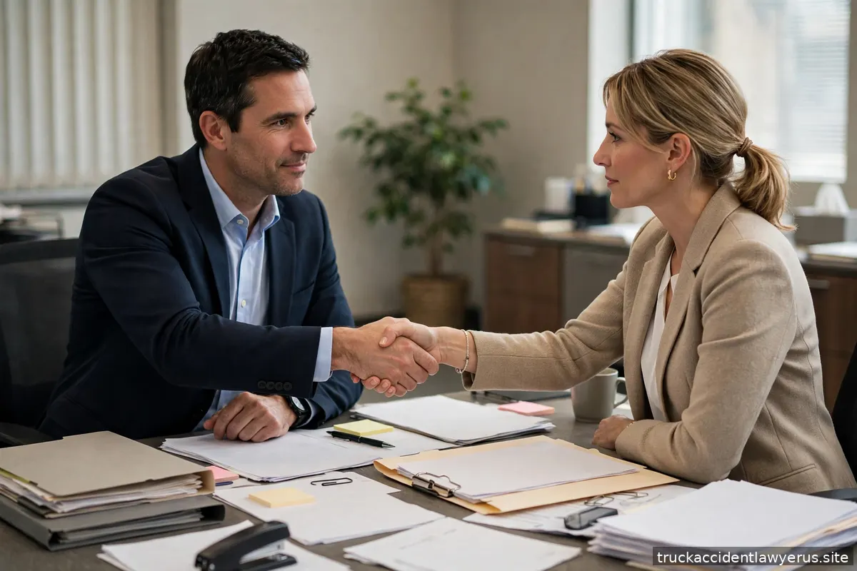 Two people shaking hands over paperwork in an office