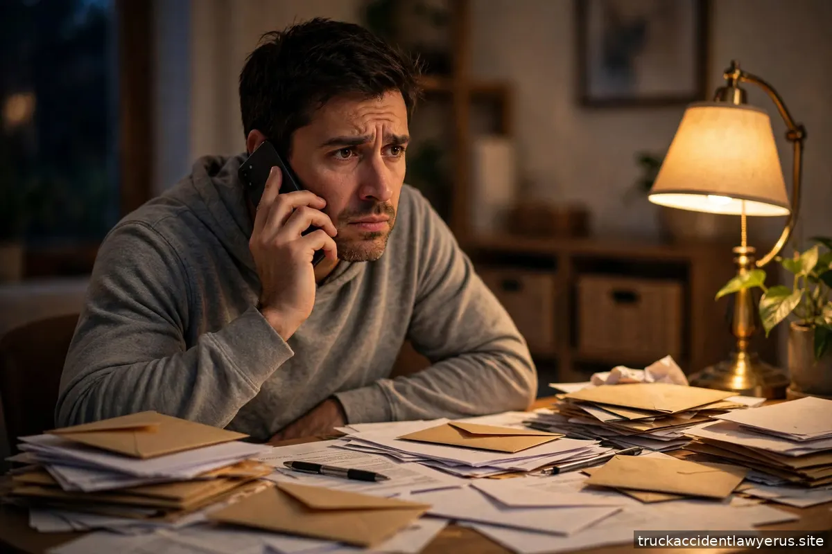 Concerned man on a phone call at a desk covered with papers