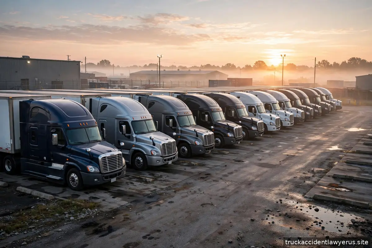Fleet of semi trucks parked at a depot at sunrise