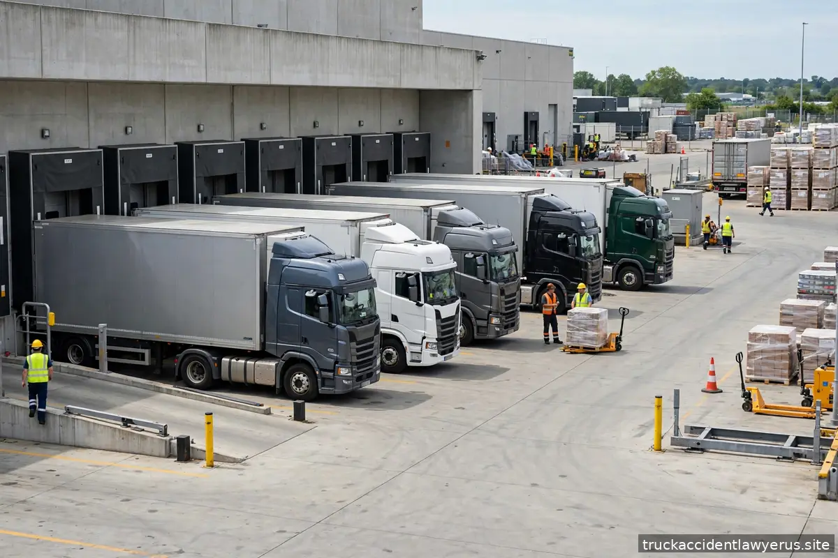 Semi trucks at a logistics hub loading dock