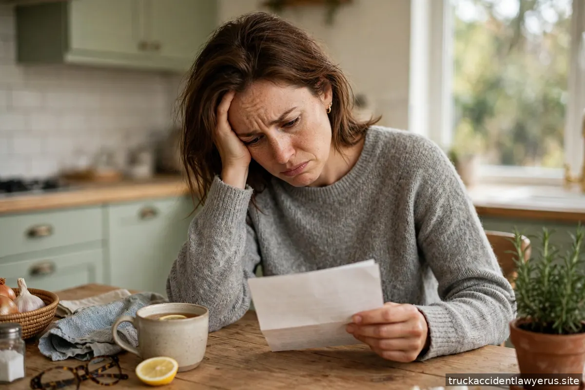 Frustrated woman reading an official letter at a kitchen table