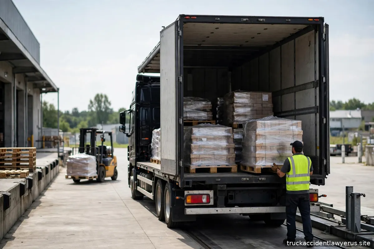 Semi truck being loaded with cargo at a warehouse dock