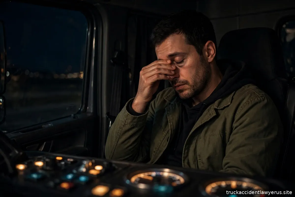 Exhausted truck driver rubbing his eyes in a dark cab at night