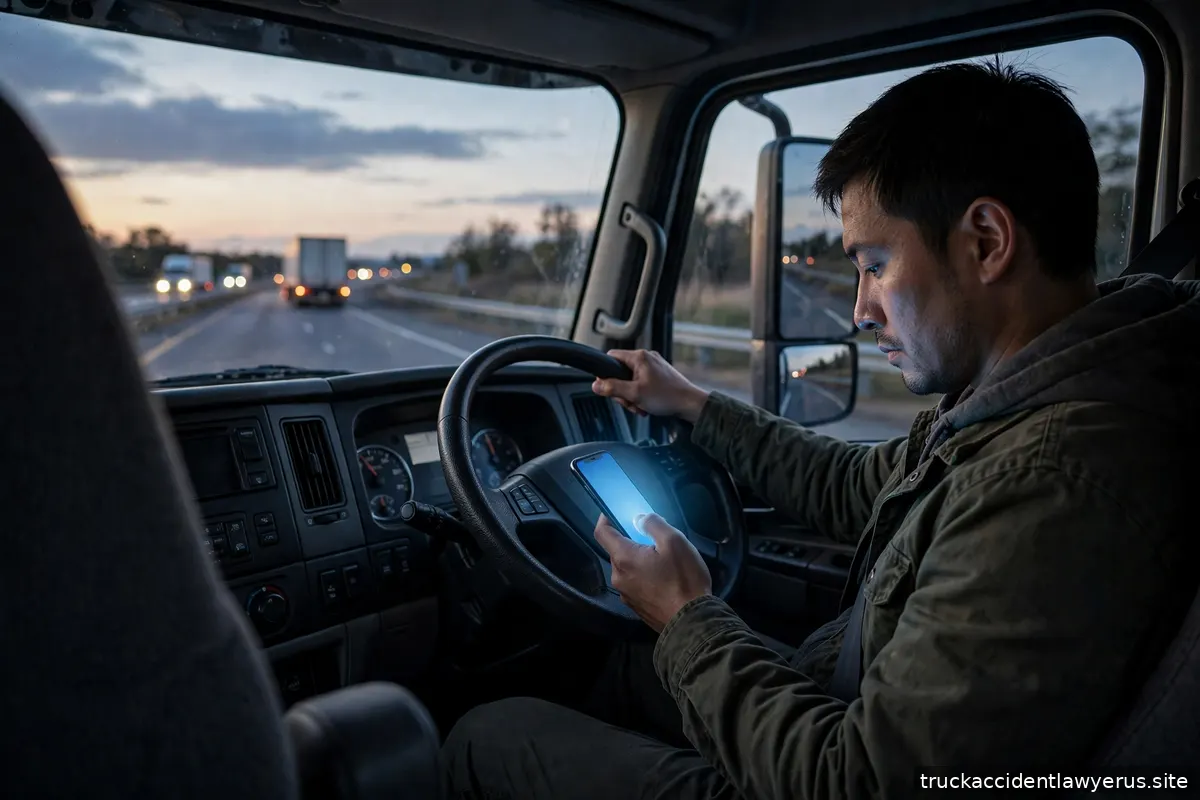 Driver glancing at a smartphone while driving at dusk