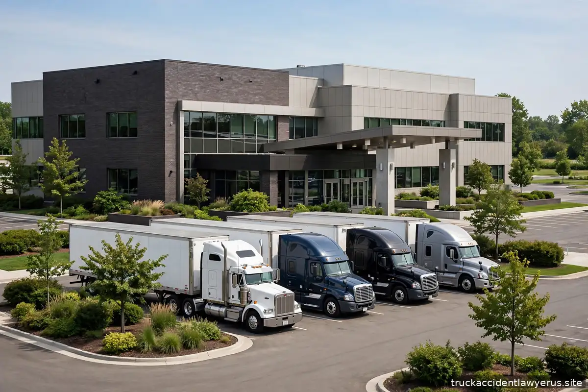 Trucking company office building with semi trucks parked in front