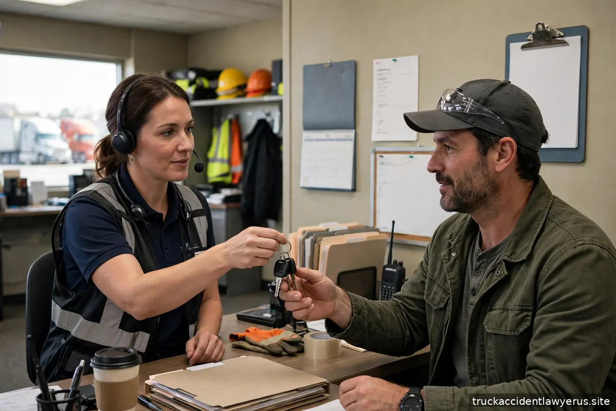 Dispatcher handing truck keys to a driver