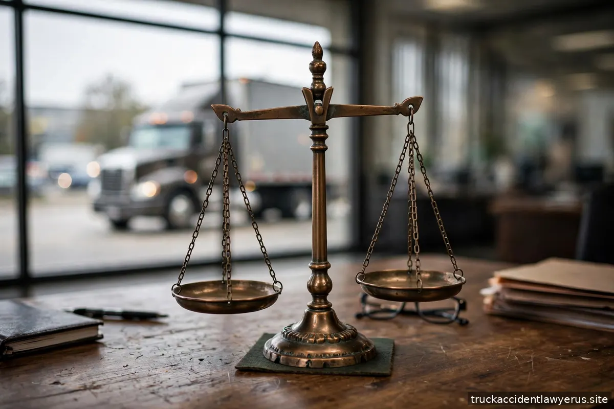 Scales of justice with a truck visible through an office window