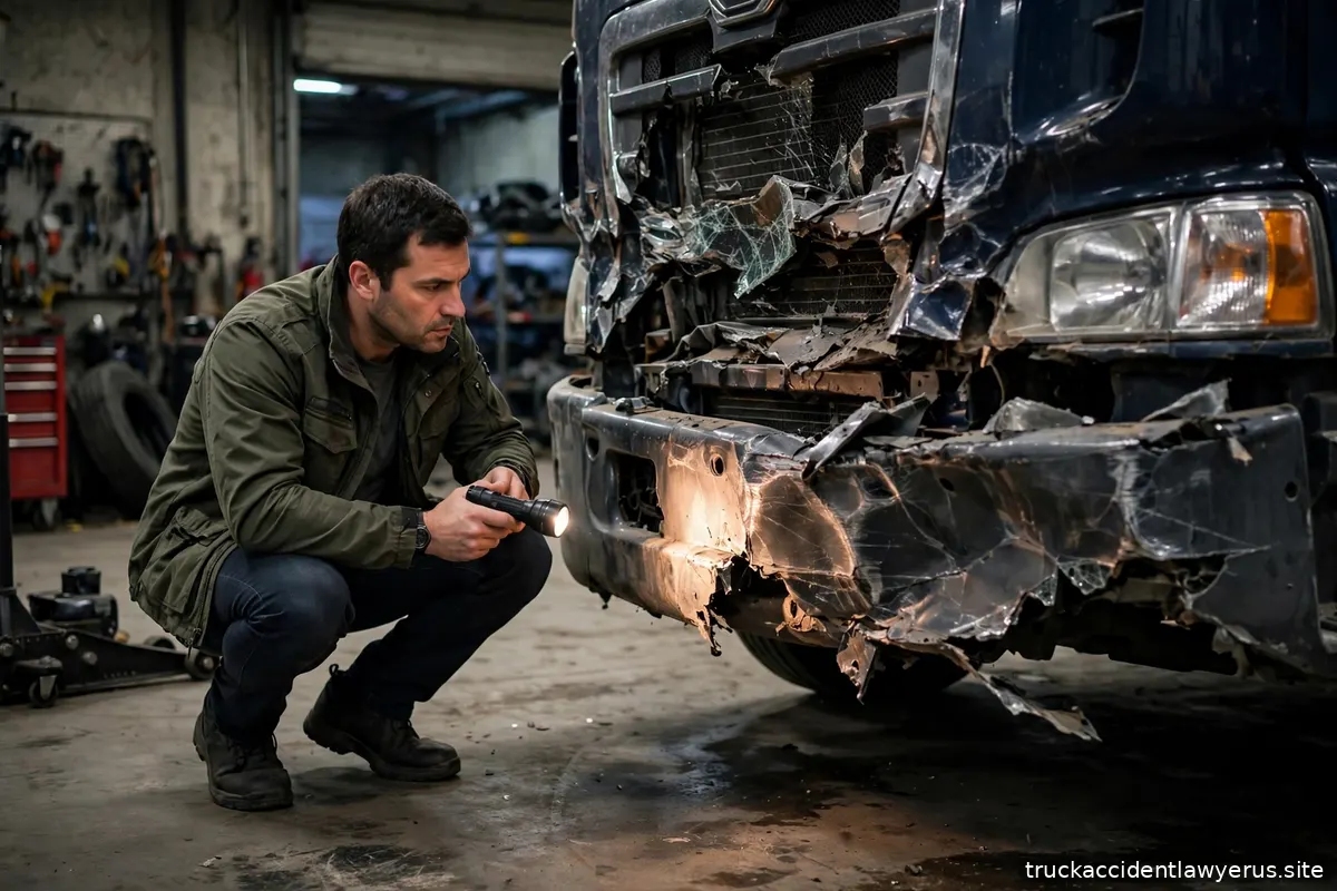 Investigator examining truck damage with a flashlight