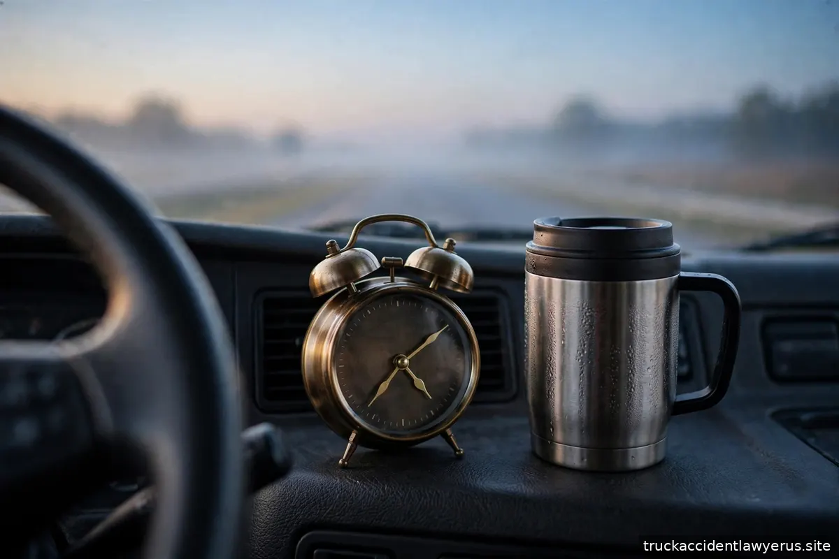 Alarm clock and coffee mug on a truck dashboard at dawn