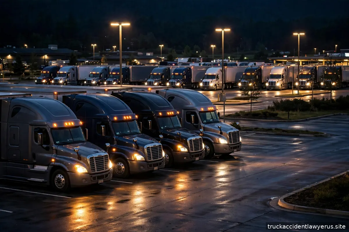 Semi trucks parked at a highway rest stop at night