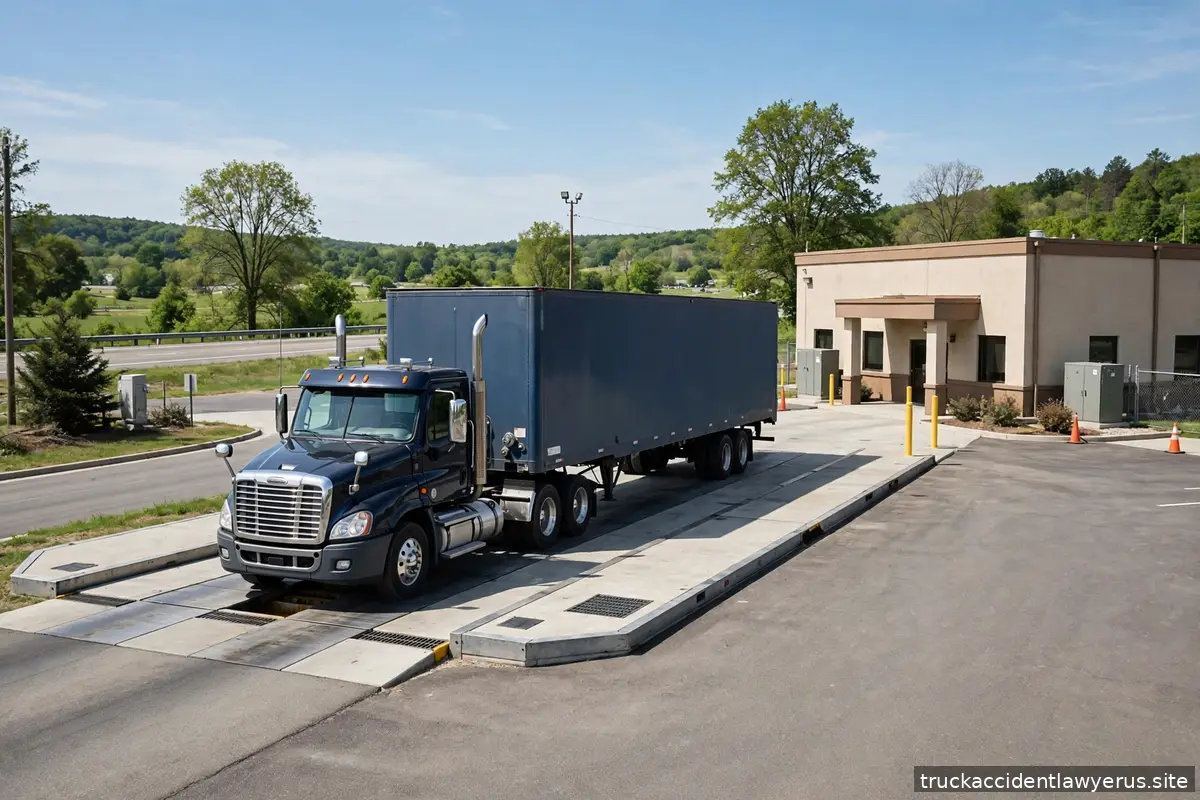Semi truck driving onto a weigh station scale