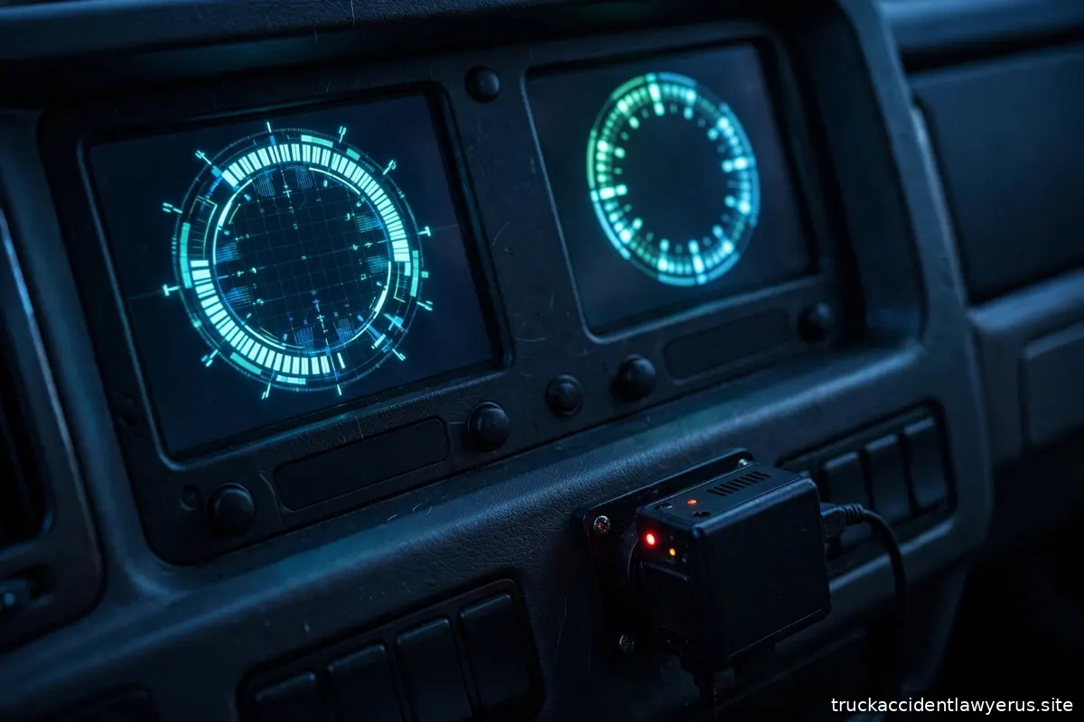 Truck dashboard with digital gauges and a black box recorder