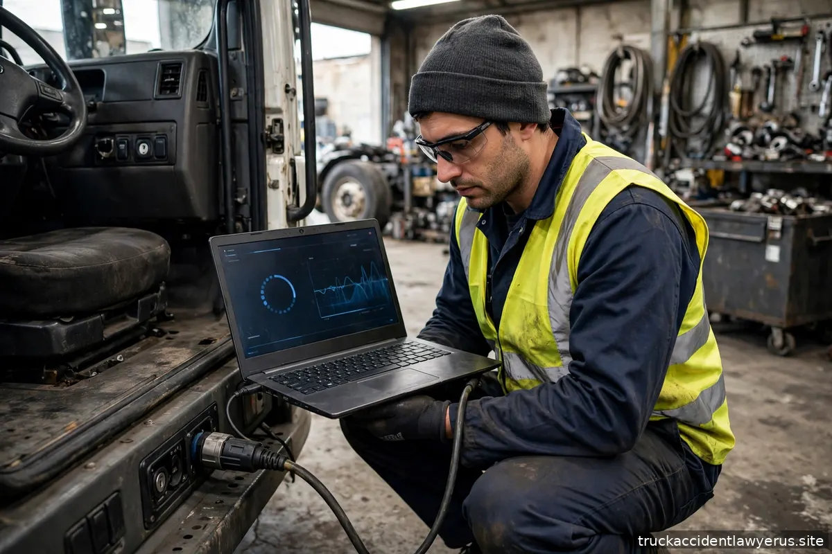 Technician downloading truck data to a laptop