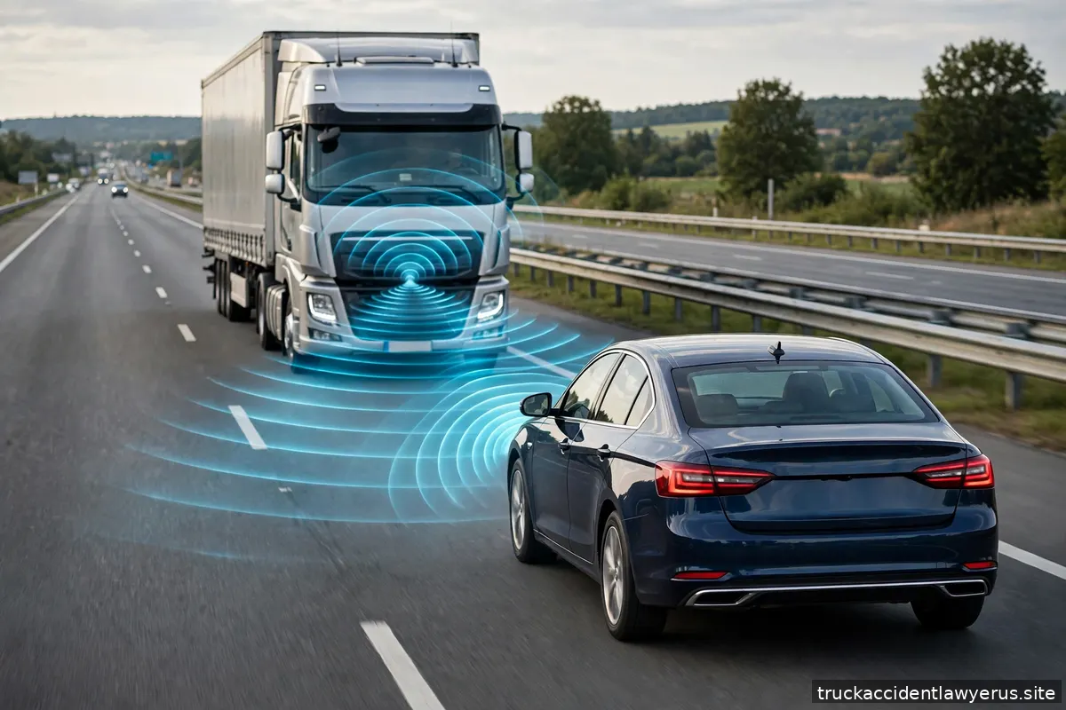 Semi truck approaching a car with sensor visualization