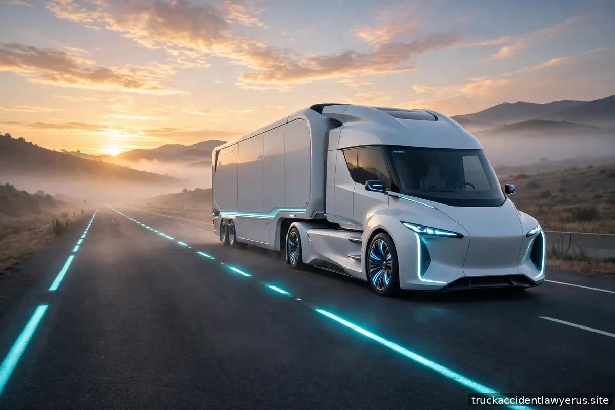 Futuristic truck on a highway at sunrise