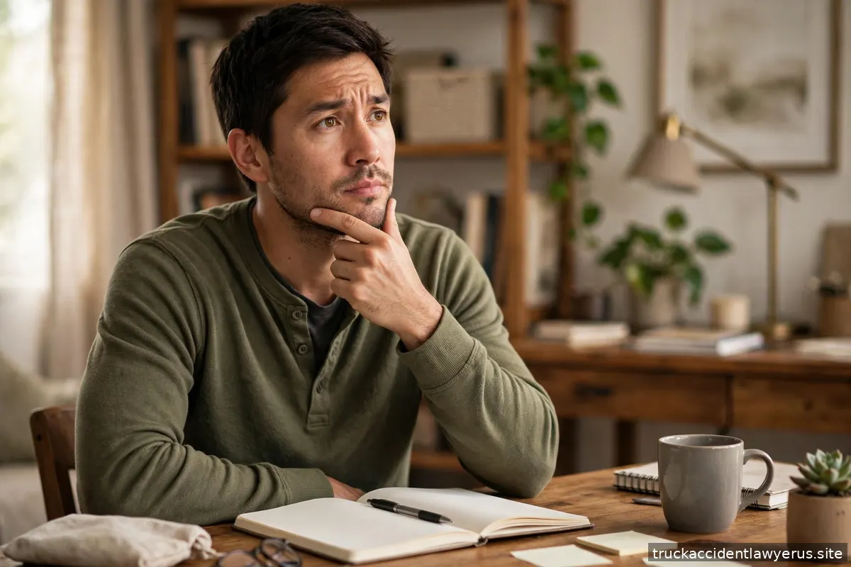 Thoughtful man weighing a decision with a notebook