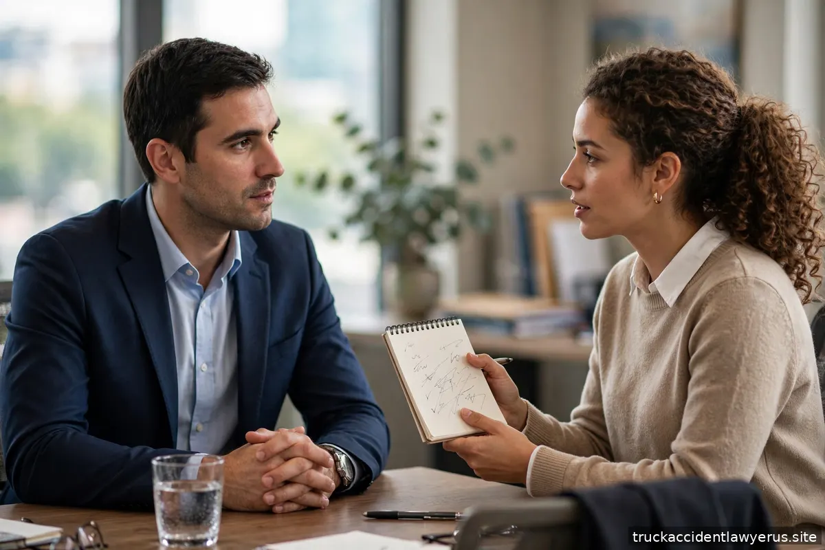 Client interviewing a lawyer with a notepad of questions