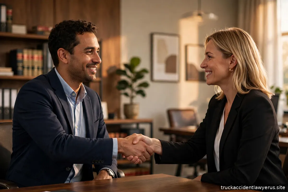 Two people shaking hands in a law office