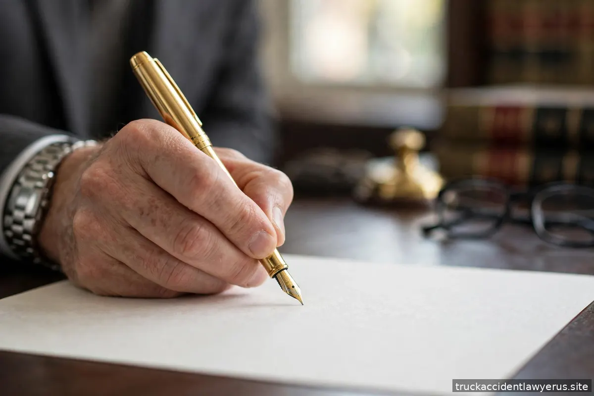 Hand signing a legal document with a fountain pen