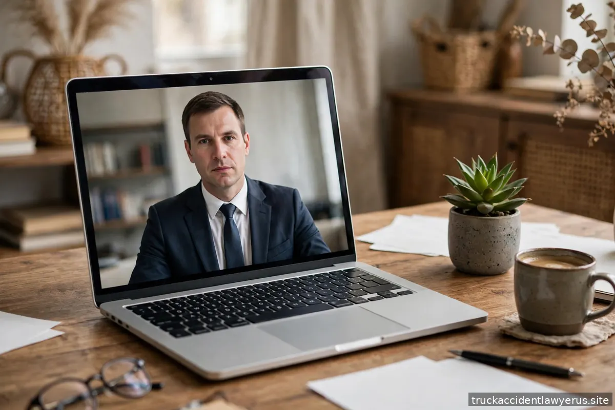 Laptop showing a video call with a lawyer
