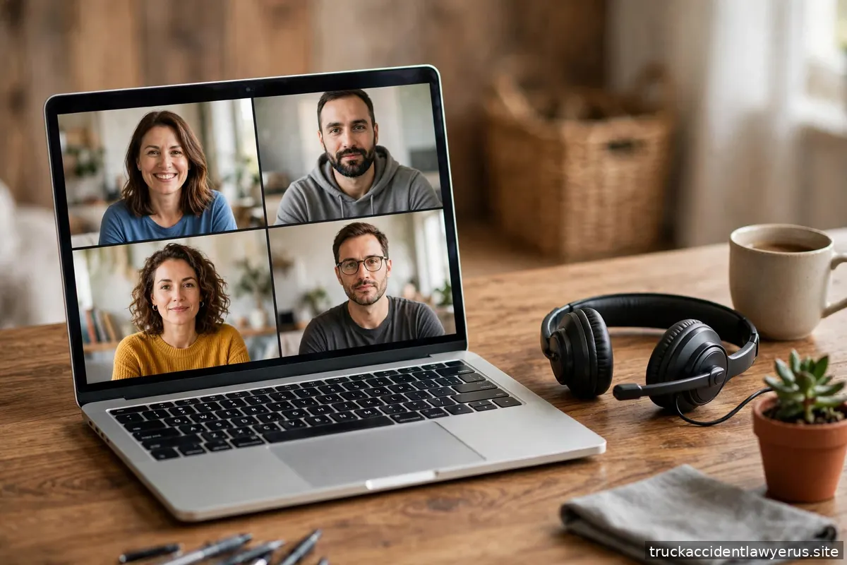 Laptop with video conference screen and headset