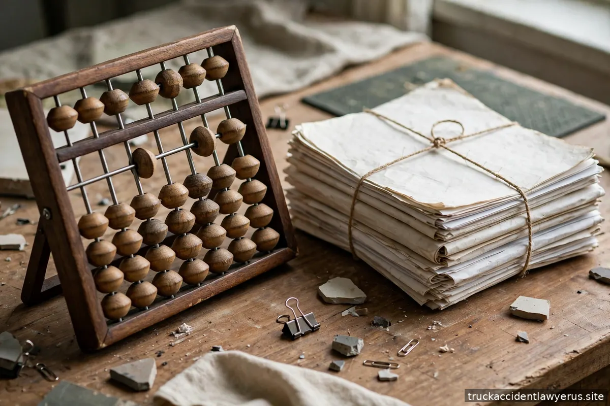 Abacus and stacked documents on a desk