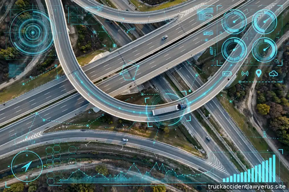 Aerial view of a truck on a highway interchange