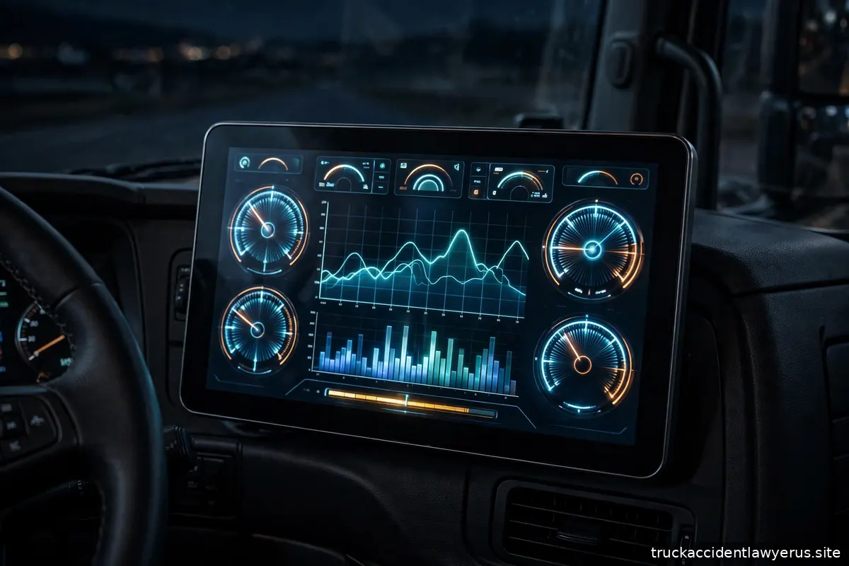 Telematics data dashboard glowing in a truck cab